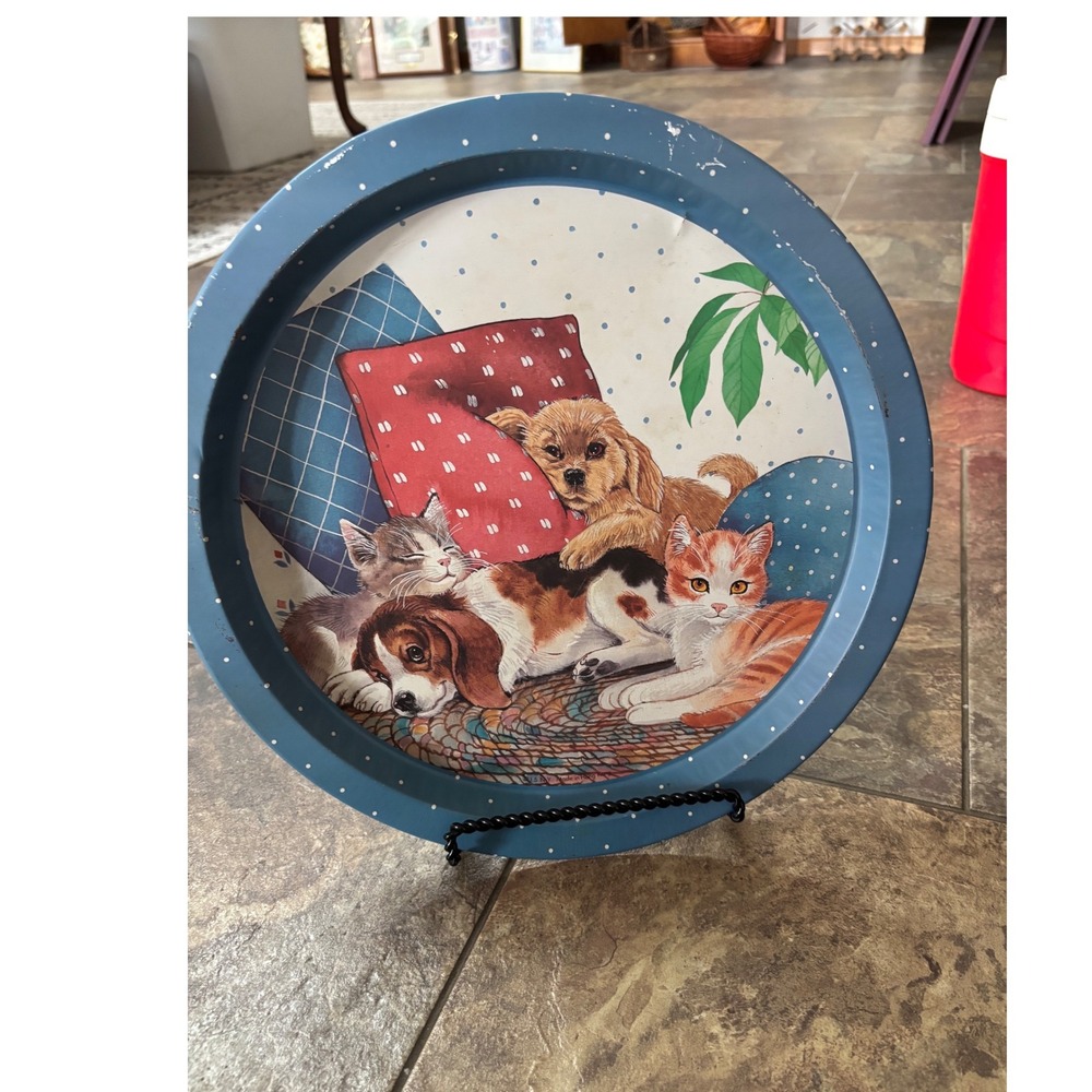 Vintage Cat & Dog Metal Serving Tray Round Blue Polka Dot Tin Made in Hong Kong